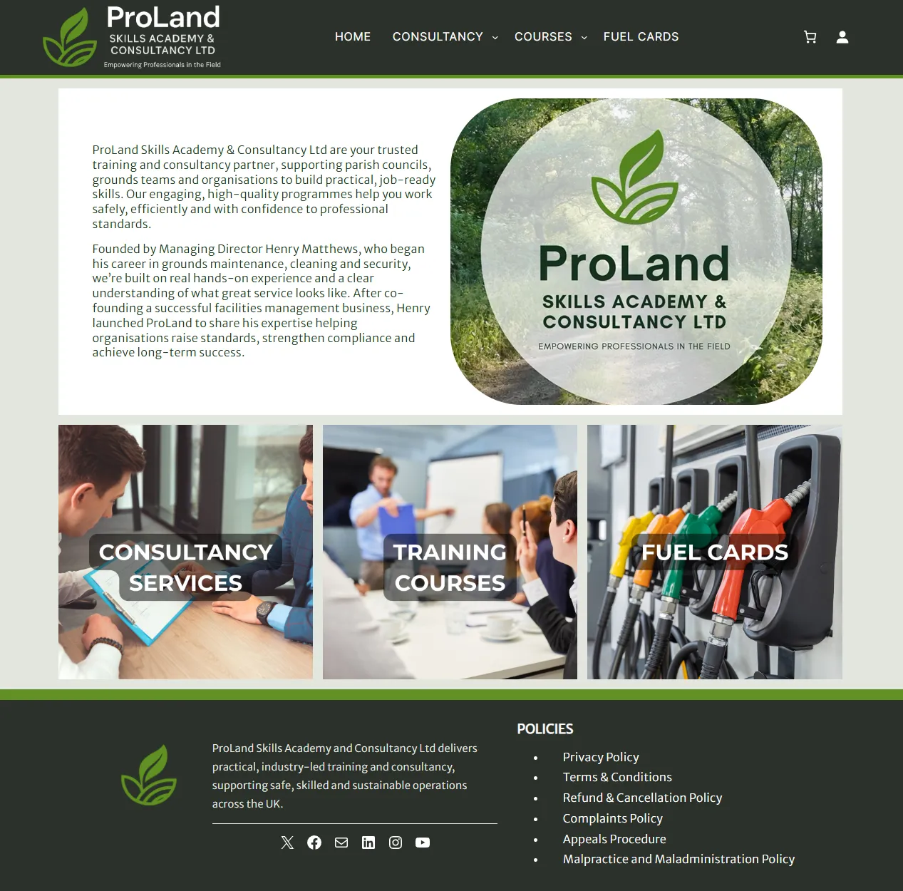 The ProLand homepage, presenting consultancy services, training courses and fuel cards as three routes into the same store